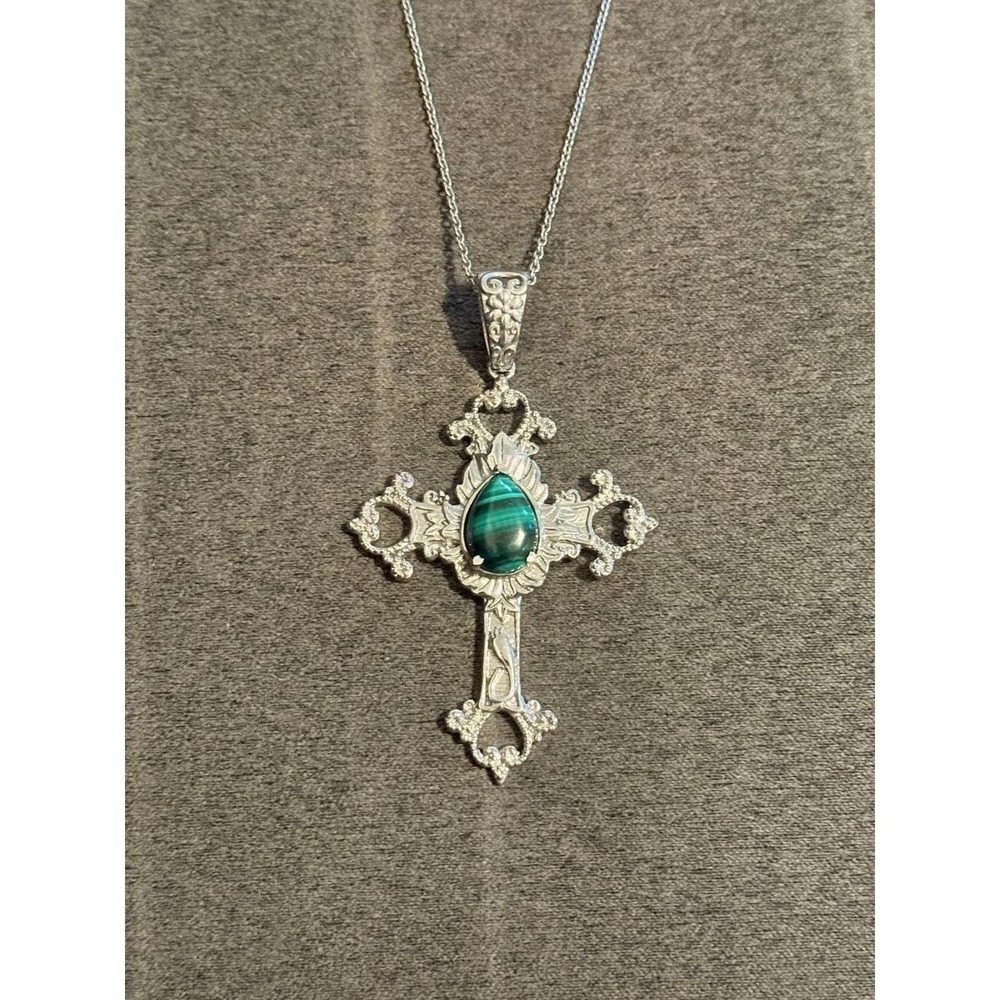 Silver Cross Pendant Necklace with Green Center on 20 inch Chain
